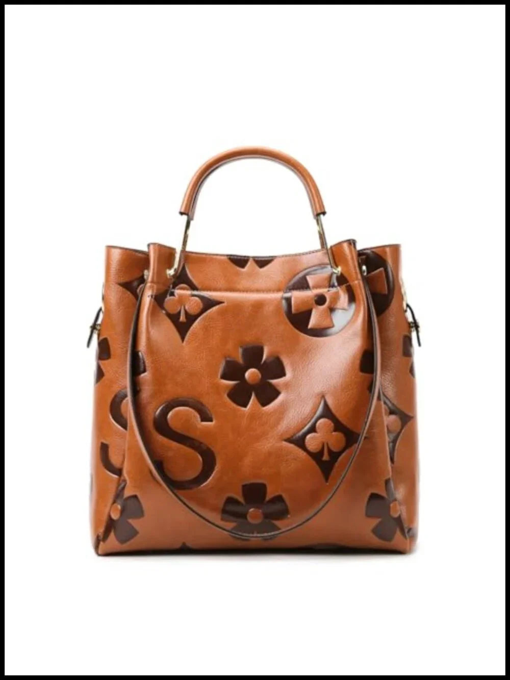 Embossed Vegan Leather Top Handle Satchel Bag Set with Detachable Pouch - Large